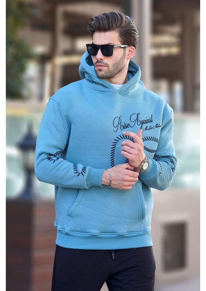 Mavi Baskılı Kapşonlu Cep Detaylı Erkek Sweatshirt 7067