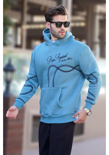 Mavi Baskılı Kapşonlu Cep Detaylı Erkek Sweatshirt 7067