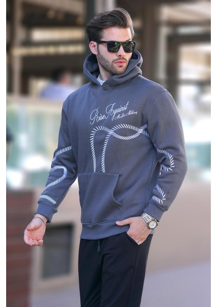 Füme Baskılı Kapşonlu Cep Detaylı Erkek Sweatshirt 7067