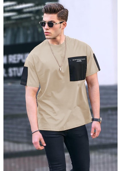 Bej Cep Detaylı Basic Erkek T-Shirt