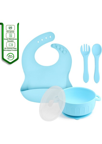 Silikon Beslenme Seti / Vakumlu, Kapaklı Silikon Mama Tabağı, Kase, Önlük, Çatal-Kaşık, Bardak, Pipet, Paslanmaz Çelik Çatal, Kaşık ve Saklama Kutusu / Mavi Renk indirimleri