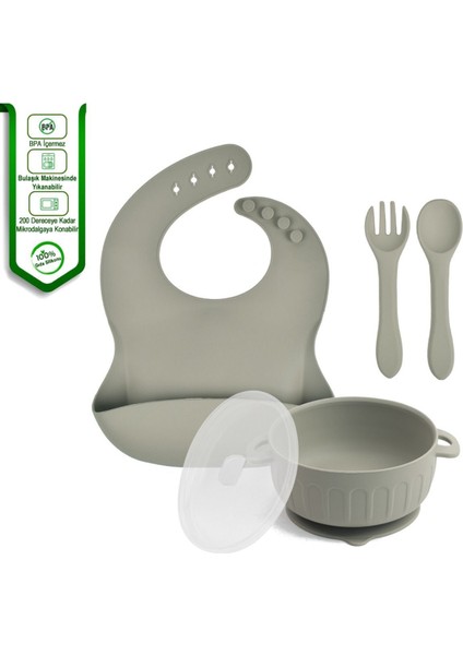 Silikon Beslenme Seti / Vakumlu Silikon Mama Tabağı, Kase, Önlük, Çatal, Kaşık, Pipet, Pipetli Bardak ve Çerez Kapağı, Paslanmaz Çelik Kaşık-Çatal ve Saklama Kutusu / Gri
