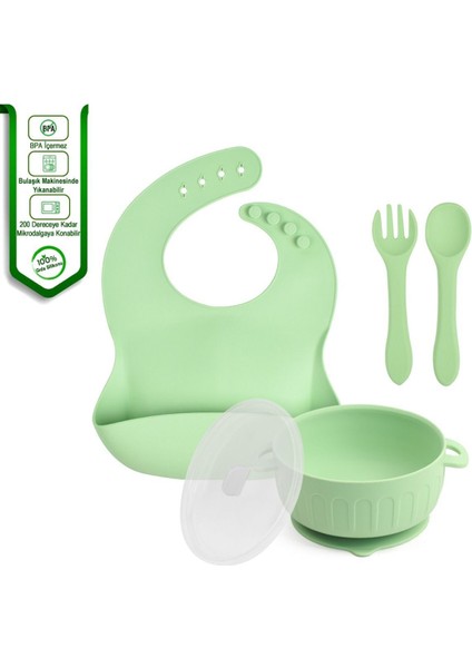Silikon Beslenme Seti / Vakumlu, Kapaklı Silikon Mama Tabağı, Kase, Önlük, Bardak, Çatal, Kaşık, Pipet, Emzik Kılıfı, Paslanmaz Çelik Çatal-Kaşık ve Saklama Kutusu / Yeşil Renk indirimleri