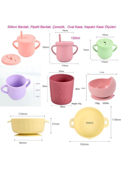 Silikon Beslenme Seti / Vakumlu, Kapaklı Silikon Mama Tabağı, Kase, Önlük, Bardak, Çatal, Kaşık, Pipet, Emzik Kılıfı, Paslanmaz Çelik Çatal-Kaşık ve Saklama Kutusu / Yeşil Renk