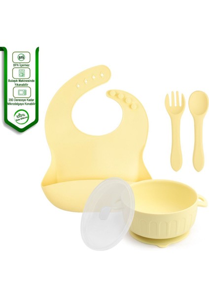 Silikon Beslenme Seti / Kapaklı, Vakumlu Silikon Mama Tabağı ve Kase, Önlük, Pipet, Bardak, Emzik Kılıfı, Çatal Kaşık, Paslanmaz Çelik Çatal-Kaşık ve Saklama Kutusu / Sarı Renk indirimleri