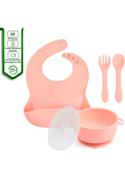 Silikon Beslenme Seti; Vakumlu, Kapaklı Mama Tabağı, Kapaklı Kase, Önlük, Bardak, Pipet, Çatal, Kaşık ve Emzik Kılıfı/ Pembe indirimleri