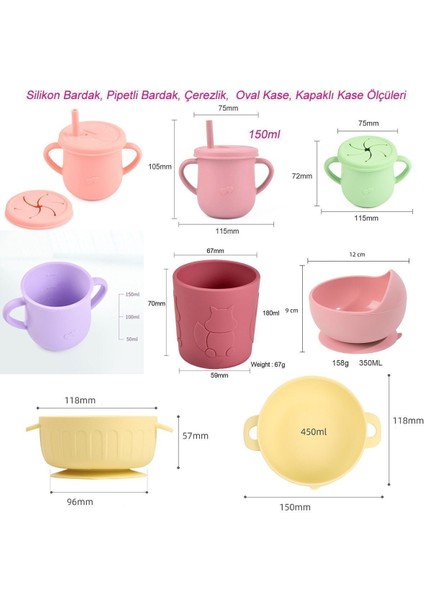 Silikon Beslenme Seti / Kapaklı Vakumlu Silikon Mama Tabağı, Kase, Çatal, Kaşık, Pipet, Emzik Kılıfı, Önlük, Pipetli Bardak ve Çerez Kapağı, Paslanmaz Çelik, Çatal ve Saklama Kutusu / Sarı