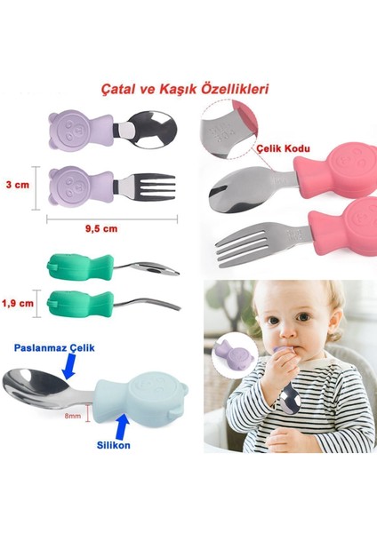 Silikon Beslenme Seti Vakumlu, Kapaklı Silikon Mama Tabağı, Kase, Önlük, Çatal-Kaşık, Bardak, Pipet, E.Kılıfı, Paslanmaz Çelik Çatal, Kaşık ve Saklama Kutusu / Pembe