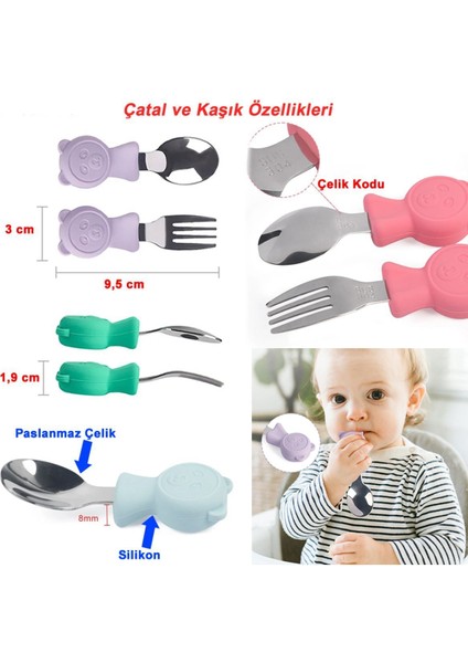 Silikon Beslenme Seti / Dinazor Figürlü Vakumlu Silikon Mama Tabağı, Kapaklı Kase, Bardak, Pipet, Emzik Kılıfı, Çatal, Kaşık, Önlük, Paslanmaz Çelik Çatal, Kaşık ve Saklama Kutusu / Pembe