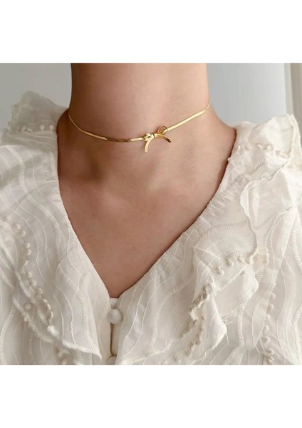 Kadın Paslanmaz Çelik Altın Kurdele Fiyonk Model Choker Kolye Aksesuar Şık Kadın Takı Hediyelik