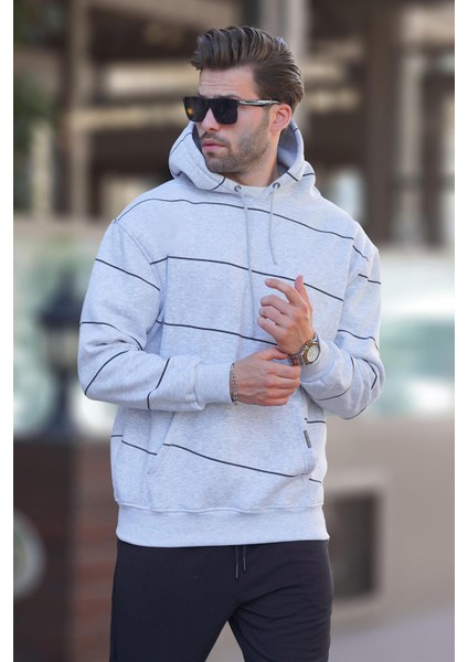 Karmelanj Kapüşonlu Cep Detaylı Çizgili Erkek Sweatshirt 7063