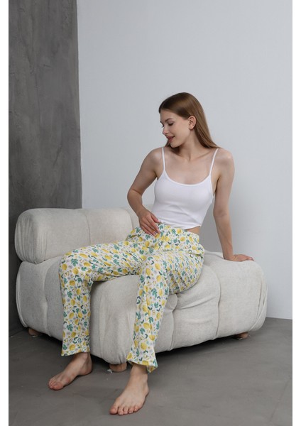 Arvin Pijama Kadın Pamuklu Limon Desenli Yüksek Bel Pijama Altı Yazlık Homewear