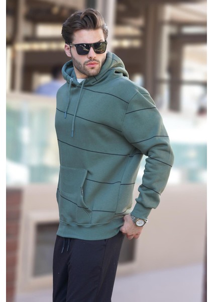 Haki Kapüşonlu Cep Detaylı Çizgili Erkek Sweatshirt 7063 fiyatları
