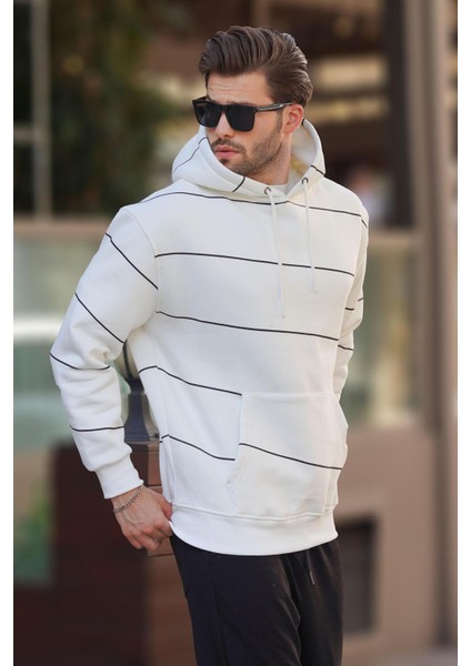 Ekru Kapüşonlu Cep Detaylı Çizgili Erkek Sweatshirt 7063 fiyatları