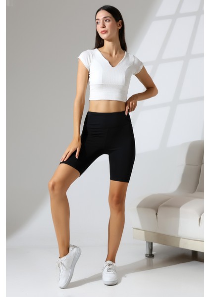 Yüksek Bel Toparlayıcı Spor Şort Tayt 21838 Siyah