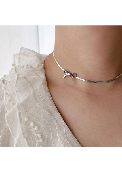 Kadın Paslanmaz Çelik Silver Kurdele Fiyonk Model Choker Kolye Aksesuar Şık Kadın Takı Hediyelik