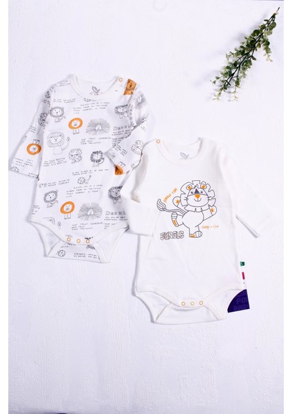 3-6-9-12 Ay Aslan Desenli Uzun Kol 2'li Erkek Bebek Body Sarı