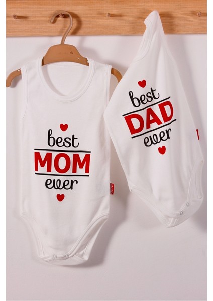 Yeni Doğan 3-6-9-12 Ay Best Mom ve Dad Desenli Askılı Body Beyaz