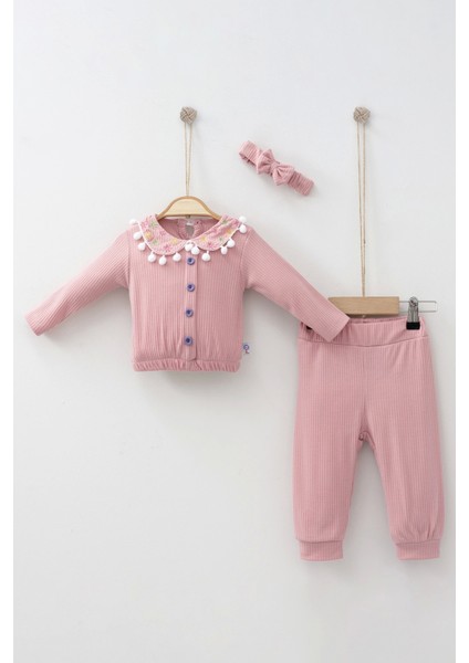 3-6-9-12 Ay Kız Bebek Takımı Çiçek Nakışlı Düşmeli Bandanalı Gül Kurusu