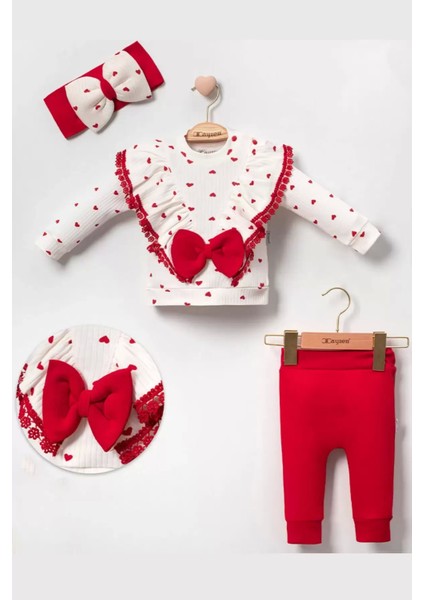 3'lü Kız Bebek Takım Fiyonklu Kalp Desenli %100 Pamuk