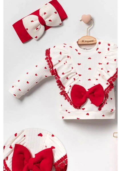 3'lü Kız Bebek Takım Fiyonklu Kalp Desenli %100 Pamuk modelleri