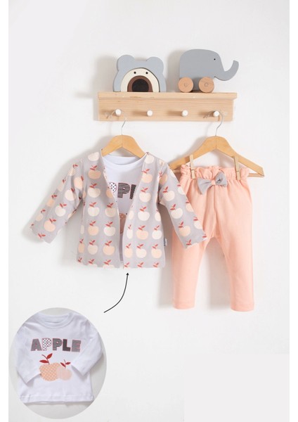 3-6-9-12-18 Ay Kız Bebek Takımı Elma Desenli Ceketli 3'lü Somon