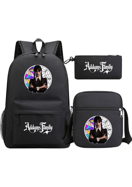 Amerikan Tv Dizisi Çarşamba Çevresel Sırt Çantası Üç Parçalı Set Öğrenci Eğlence Okul Çantası + Omuz Çantası + Kalem Kutusu Seti (Yurt Dışından)