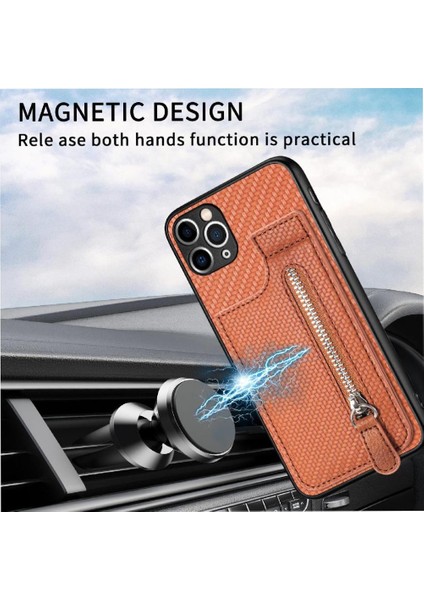 IPhone 11 Için Kılıf Pro Max Standı Crad Yuvası Fermuar Cüzdan Manyetik Araç Montaj (Yurt Dışından)