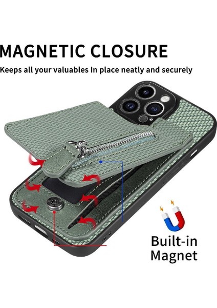 IPhone 13 Için Kılıf Pro Max Fermuar Manyetik Araç Montaj Standı Cüzdan Crad Yuvası (Yurt Dışından)