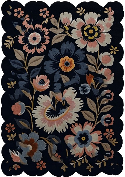 Shape Koleksiyonu Siyah Tema Floral Çok Renkli Karma Çiçek Gül Desenli Modern Dekoratif Halı 03