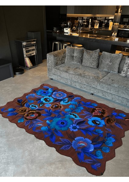 Shape Koleksiyonu Mavi Ve Kahve Tema Floral Çiçek Ve Gül Desenli Modern Dekoratif Halı 13