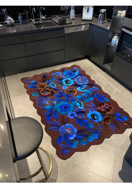 Shape Koleksiyonu Mavi Ve Kahve Tema Floral Çiçek Ve Gül Desenli Modern Dekoratif Halı 13