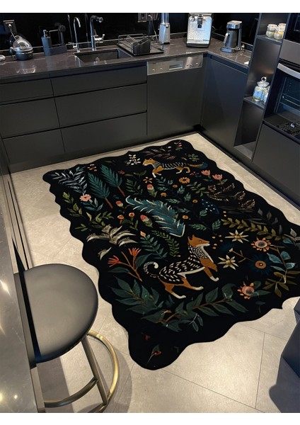 Shape Koleksiyonu Siyah Tema Floral Çiçekler Ve Kaplan Desenli Kreatif Modern Dekoratif Halı 04 modelleri