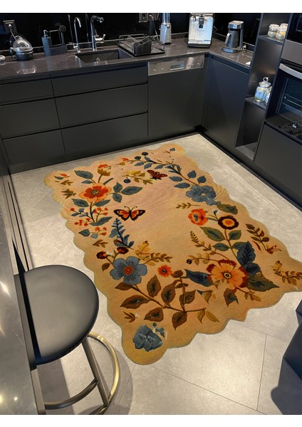 Shape Koleksiyonu Bej Tema Floral Çiçek Ve Sarmaşık Desenli Modern Dekoratif Halı 05 modelleri