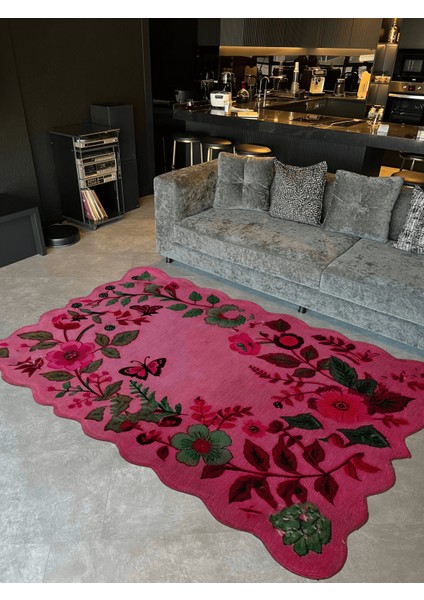 Shape Koleksiyonu Pembe Tema Floral Sarmaşık Ve Gül Desenli Modern Dekoratif Halı 07
