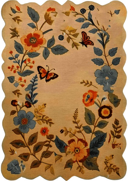 Shape Koleksiyonu Bej Tema Floral Çiçek Ve Sarmaşık Desenli Modern Dekoratif Halı 05