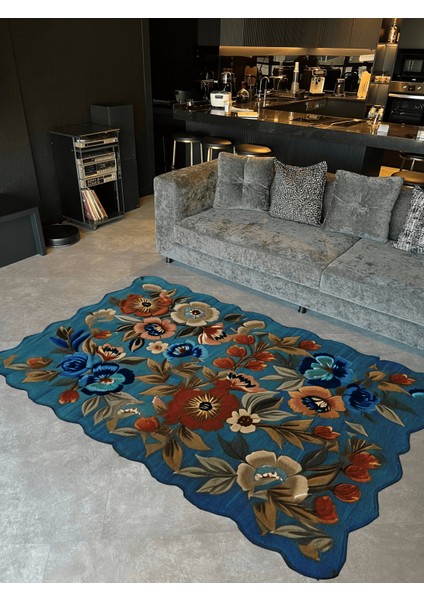 Shape Koleksiyonu Mavi Tema Floral Çok Renkli Çiçek Desenli Kreatif Modern Dekoratif Halı 15 fiyatları