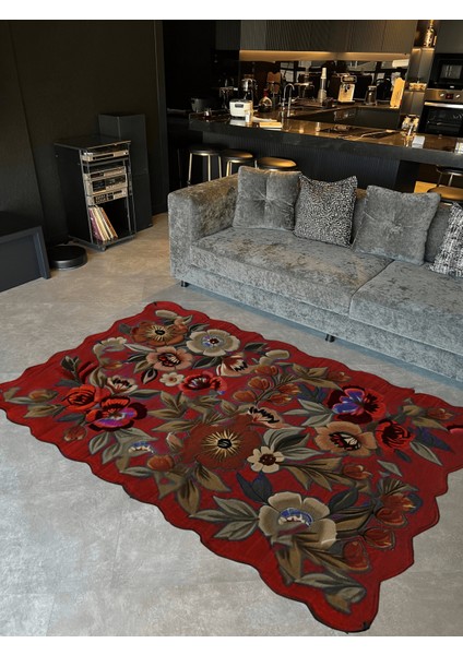 Shape Koleksiyonu Bordo Tema Floral Çiçek Ve Sarmaşık Desenli Kreatif Modern Dekoratif Halı 16