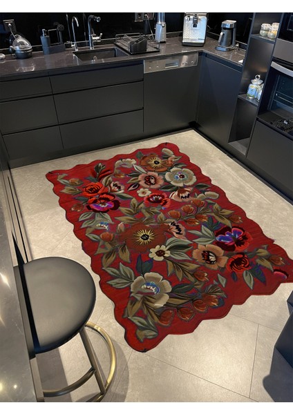 Shape Koleksiyonu Bordo Tema Floral Çiçek Ve Sarmaşık Desenli Kreatif Modern Dekoratif Halı 16