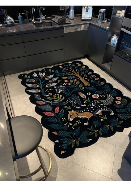 Shape Koleksiyonu Siyah Tema Ağaç Çiçekler Ve Kaplan Desenli Modern Dekoratif Halı 02 modelleri