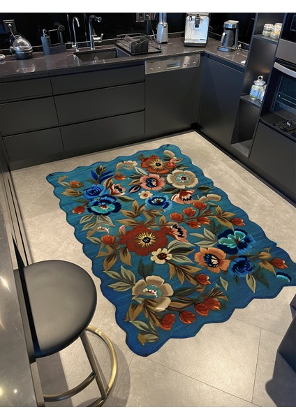 Shape Koleksiyonu Mavi Tema Floral Çok Renkli Çiçek Desenli Kreatif Modern Dekoratif Halı 15 modelleri