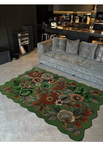 Shape Koleksiyonu Yeşil Tema Floral Çiçekler Desenli Kreatif Modern Dekoratif Halı 18 fiyatları