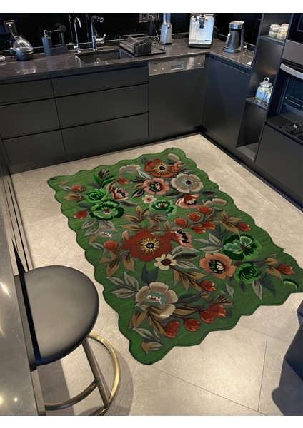 Shape Koleksiyonu Yeşil Tema Floral Çiçekler Desenli Kreatif Modern Dekoratif Halı 18 modelleri