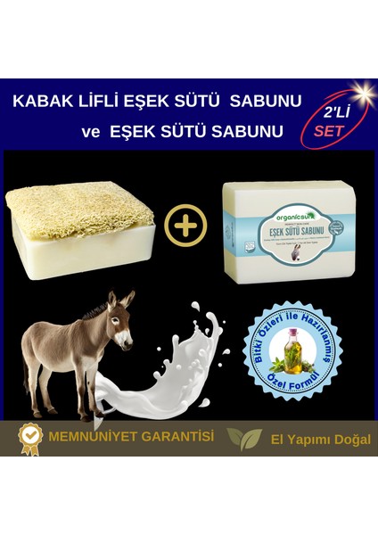 2'li Set Doğal Kabak Lifli Eşek Sütü Sabunu ve Lifsiz Eşek Sütü Sabunu