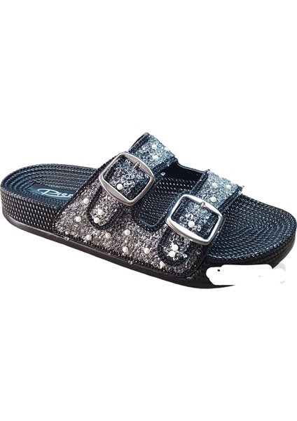 Pıenn 20057 002 Siyah Simli Incili Çift Toka Terlik