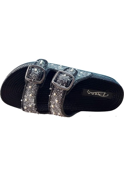Pıenn 20057 002 Siyah Simli Incili Çift Toka Terlik modelleri