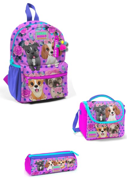 Minik Yuva Sırt Çantası Pembe Köpek Desenli Iki Bölmeli 3'lü Set 3SET23550