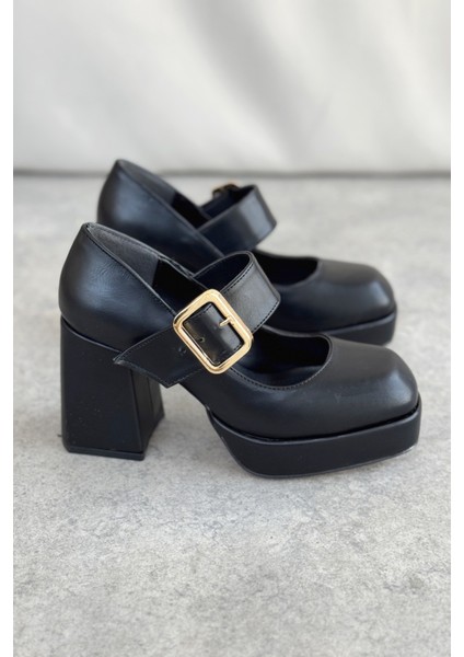 Kadın Romeo Platformlu Topuklu Ayakkabı - Siyah-Deri
