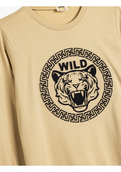 Sweatshirt Kaplan Baskılı Uzun Kollu Bisiklet Yaka Pamuklu modelleri