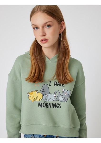 Oversize Crop Sweatshirt Kapüşonlu Kedi Baskılı fiyatları